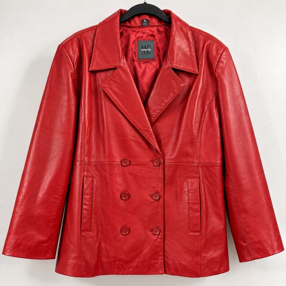 NYC Whet Blu Womens XL Red Genuine Leather Blazer Double Breasted Y2K Jacket
